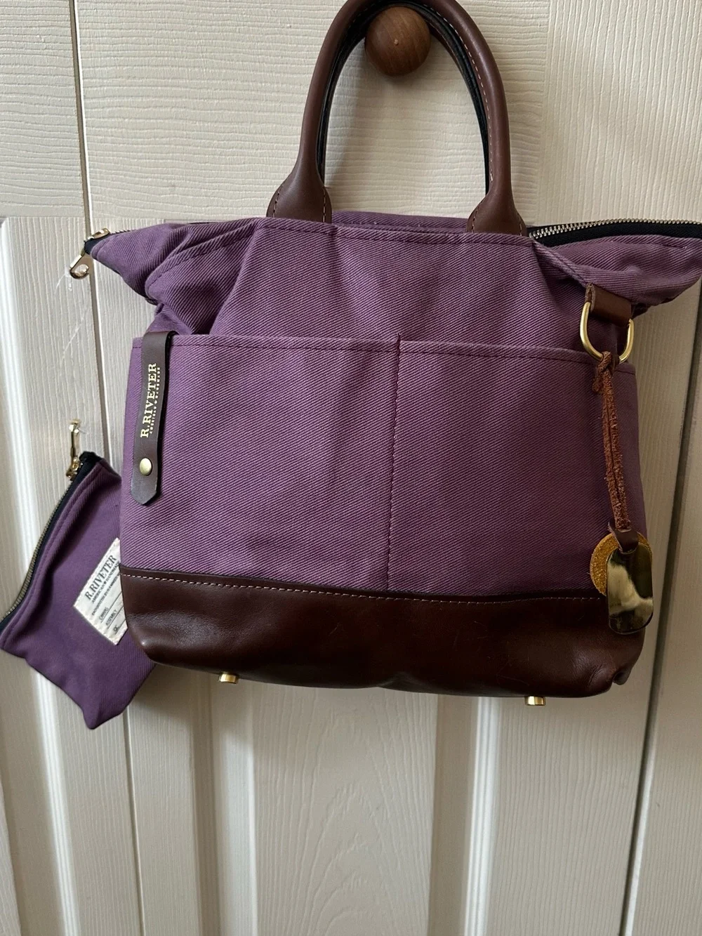 R.Riveter Carry All Canvas Tote w/Leather Trim and Pouch Winterberry